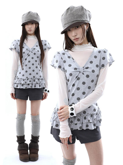ang project Polka Dot Print V-neck Spliced Layered Hem Women&
