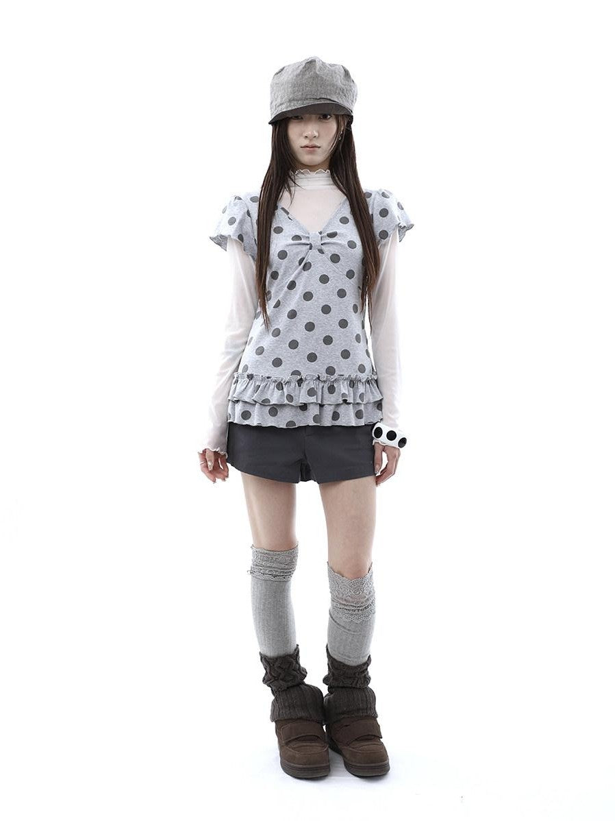 ang project Polka Dot Print V-neck Spliced Layered Hem Women&