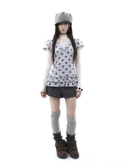 ang project Polka Dot Print V-neck Spliced Layered Hem Women&