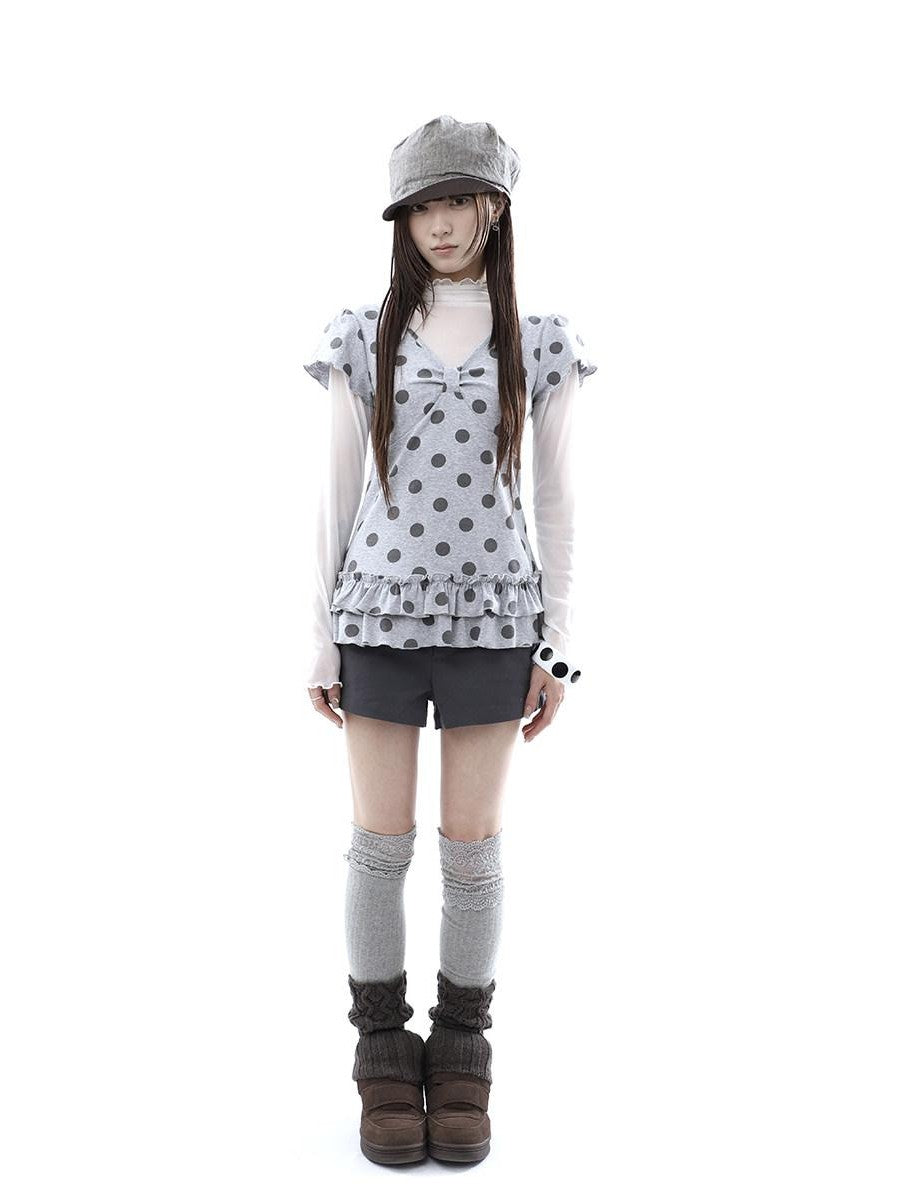 ang project Polka Dot Print V-neck Spliced Layered Hem Women&
