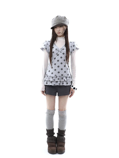 ang project Polka Dot Print V-neck Spliced Layered Hem Women&