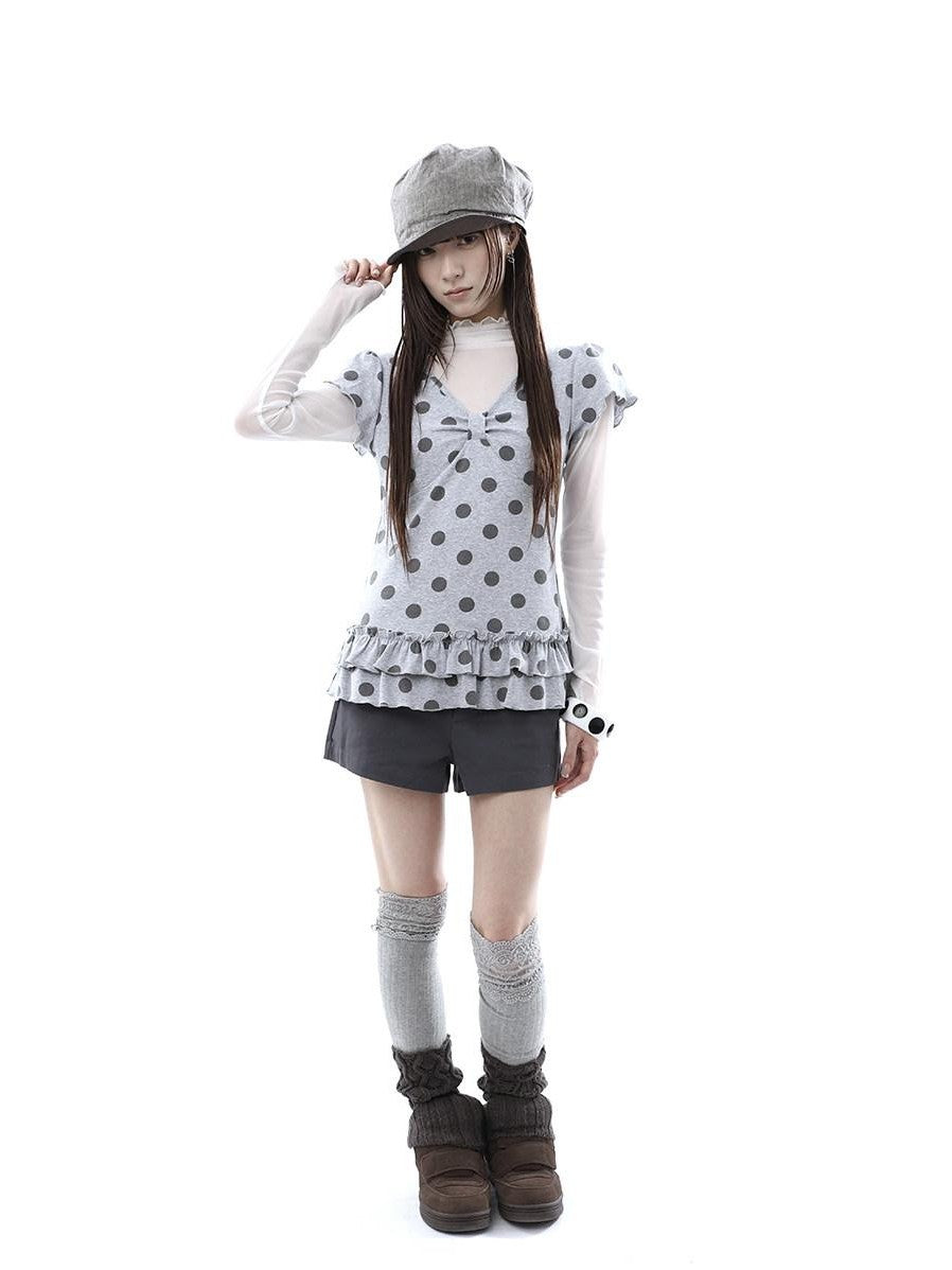 ang project Polka Dot Print V-neck Spliced Layered Hem Women&