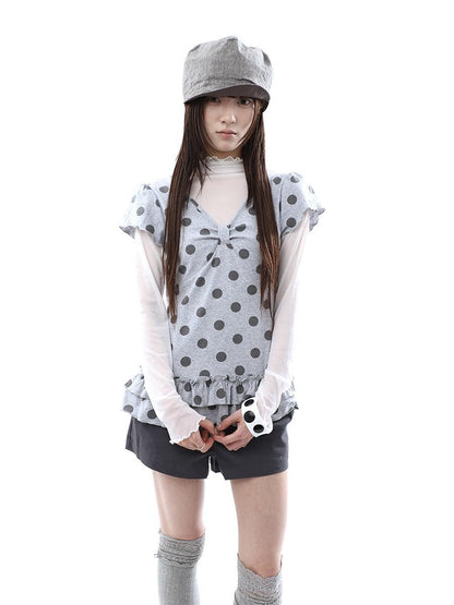 ang project Polka Dot Print V-neck Spliced Layered Hem Women&