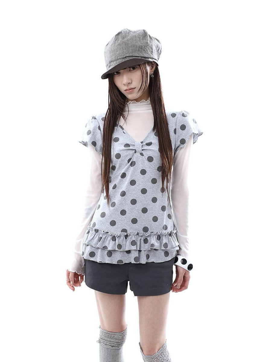 ang project Polka Dot Print V-neck Spliced Layered Hem Women&