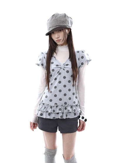 ang project Polka Dot Print V-neck Spliced Layered Hem Women&
