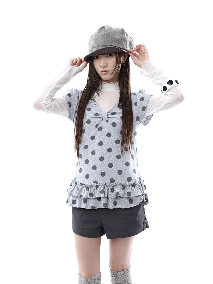 ang project Polka Dot Print V-neck Spliced Layered Hem Women&