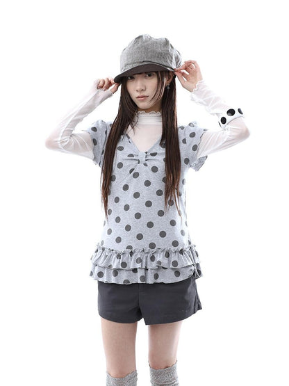 ang project Polka Dot Print V-neck Spliced Layered Hem Women&