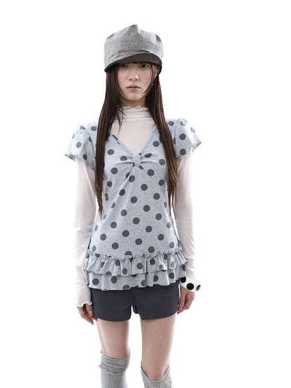 ang project Polka Dot Print V-neck Spliced Layered Hem Women&