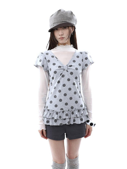 ang project Polka Dot Print V-neck Spliced Layered Hem Women&