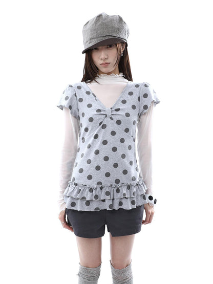 ang project Polka Dot Print V-neck Spliced Layered Hem Women&