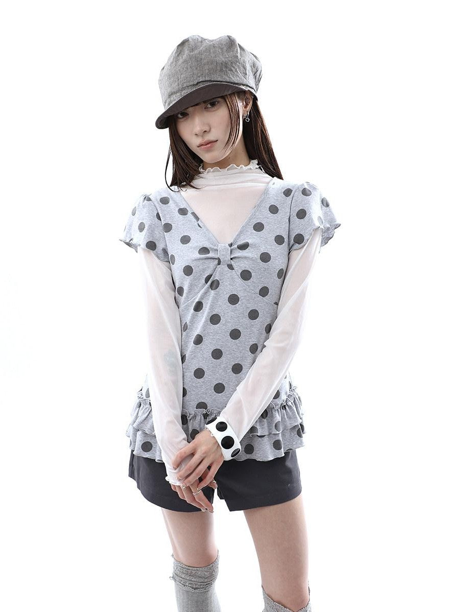 ang project Polka Dot Print V-neck Spliced Layered Hem Women&