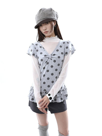 ang project Polka Dot Print V-neck Spliced Layered Hem Women&