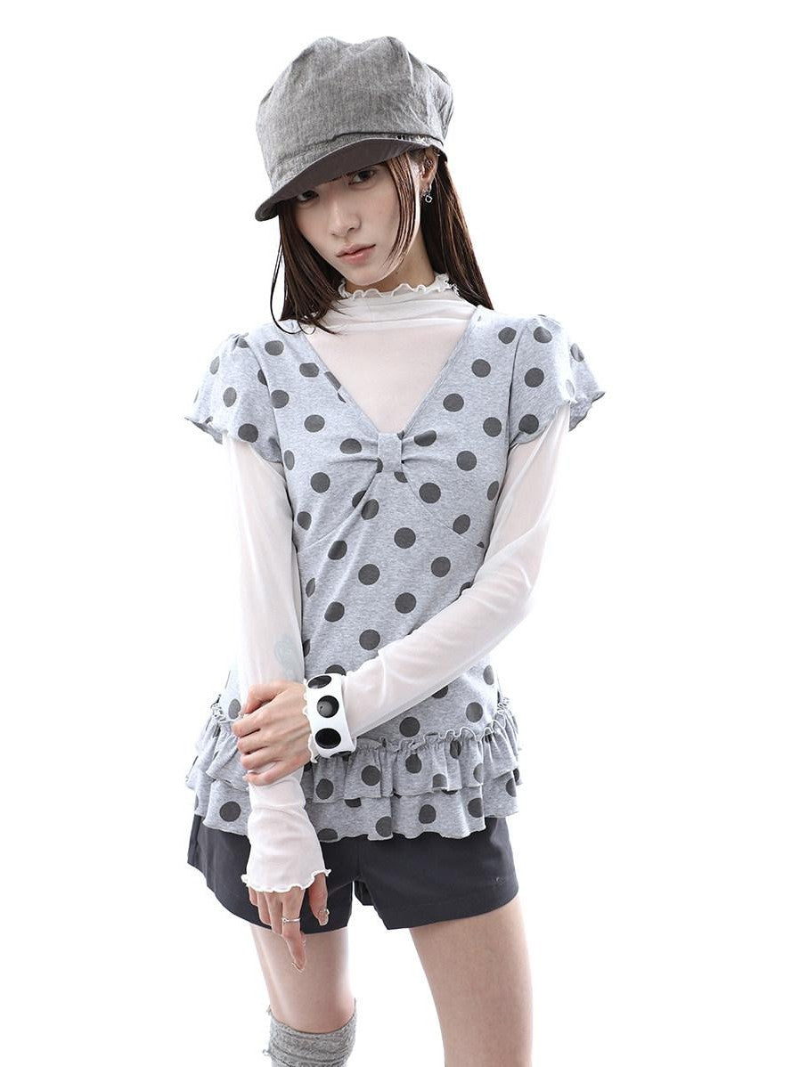 ang project Polka Dot Print V-neck Spliced Layered Hem Women&