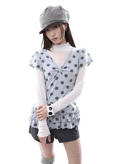 ang project Polka Dot Print V-neck Spliced Layered Hem Women&