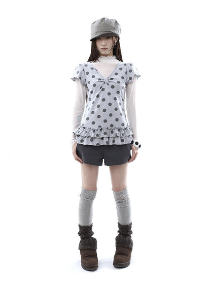 ang project Polka Dot Print V-neck Spliced Layered Hem Women&