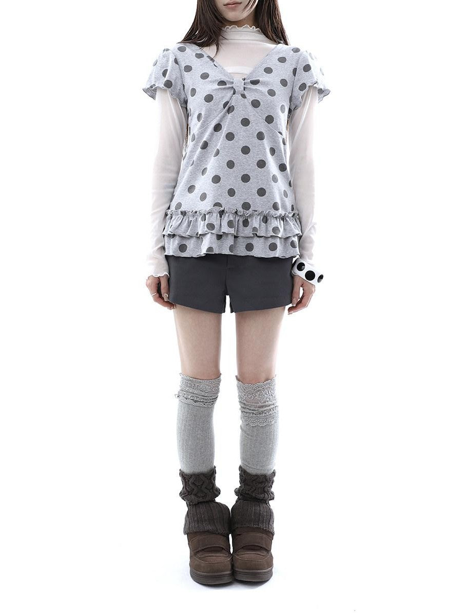 ang project Polka Dot Print V-neck Spliced Layered Hem Women&