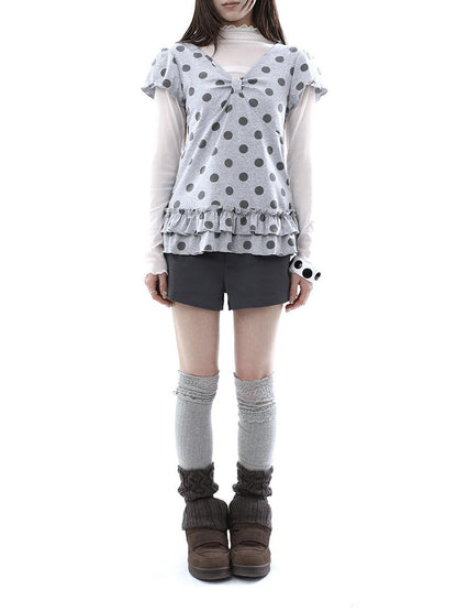 ang project Polka Dot Print V-neck Spliced Layered Hem Women&