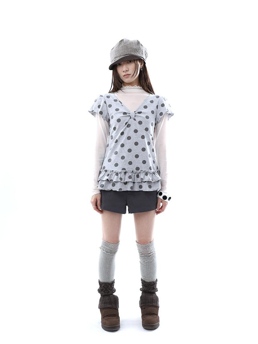 ang project Polka Dot Print V-neck Spliced Layered Hem Women&