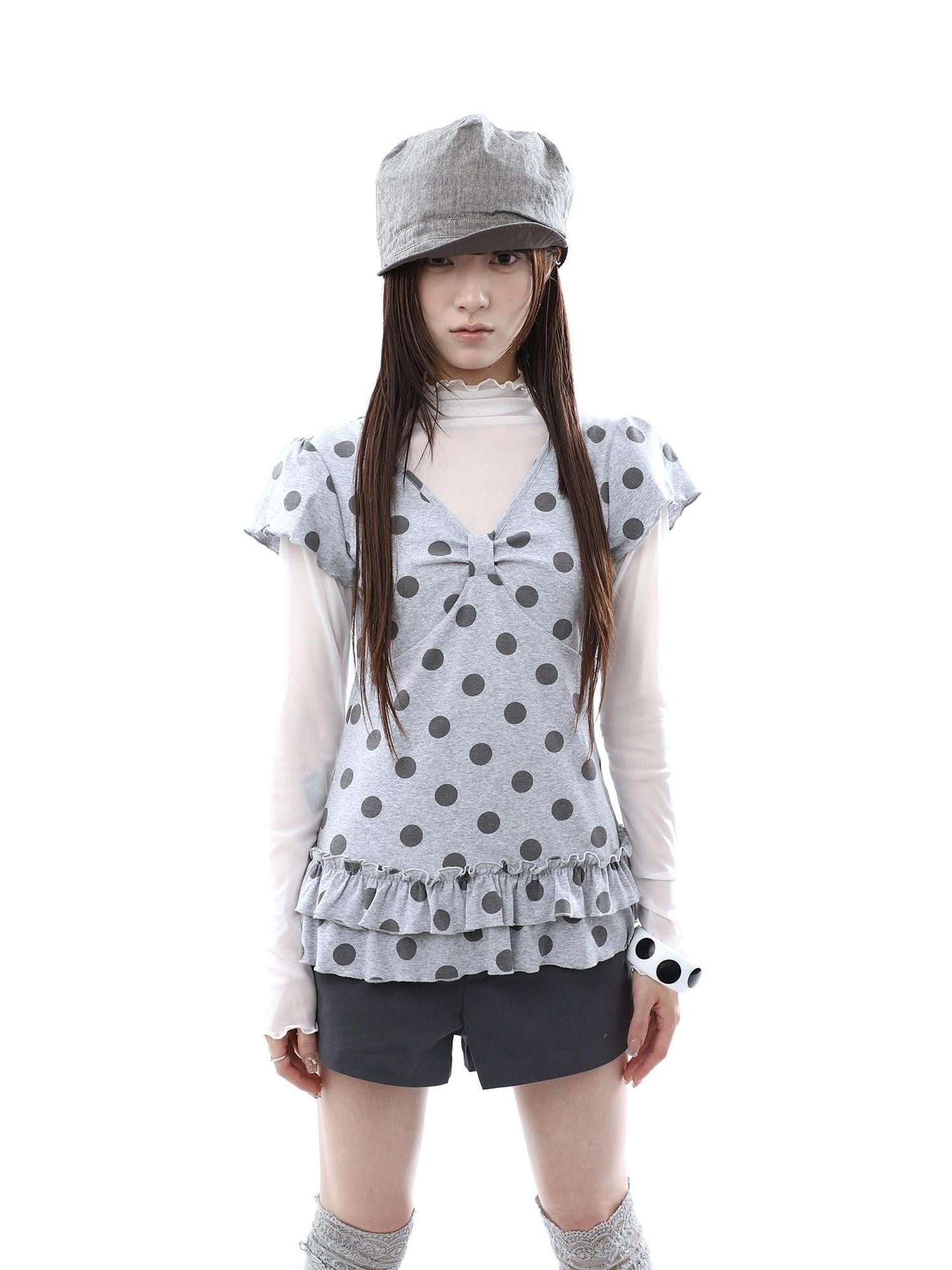 ang project Polka Dot Print V-neck Spliced Layered Hem Women&