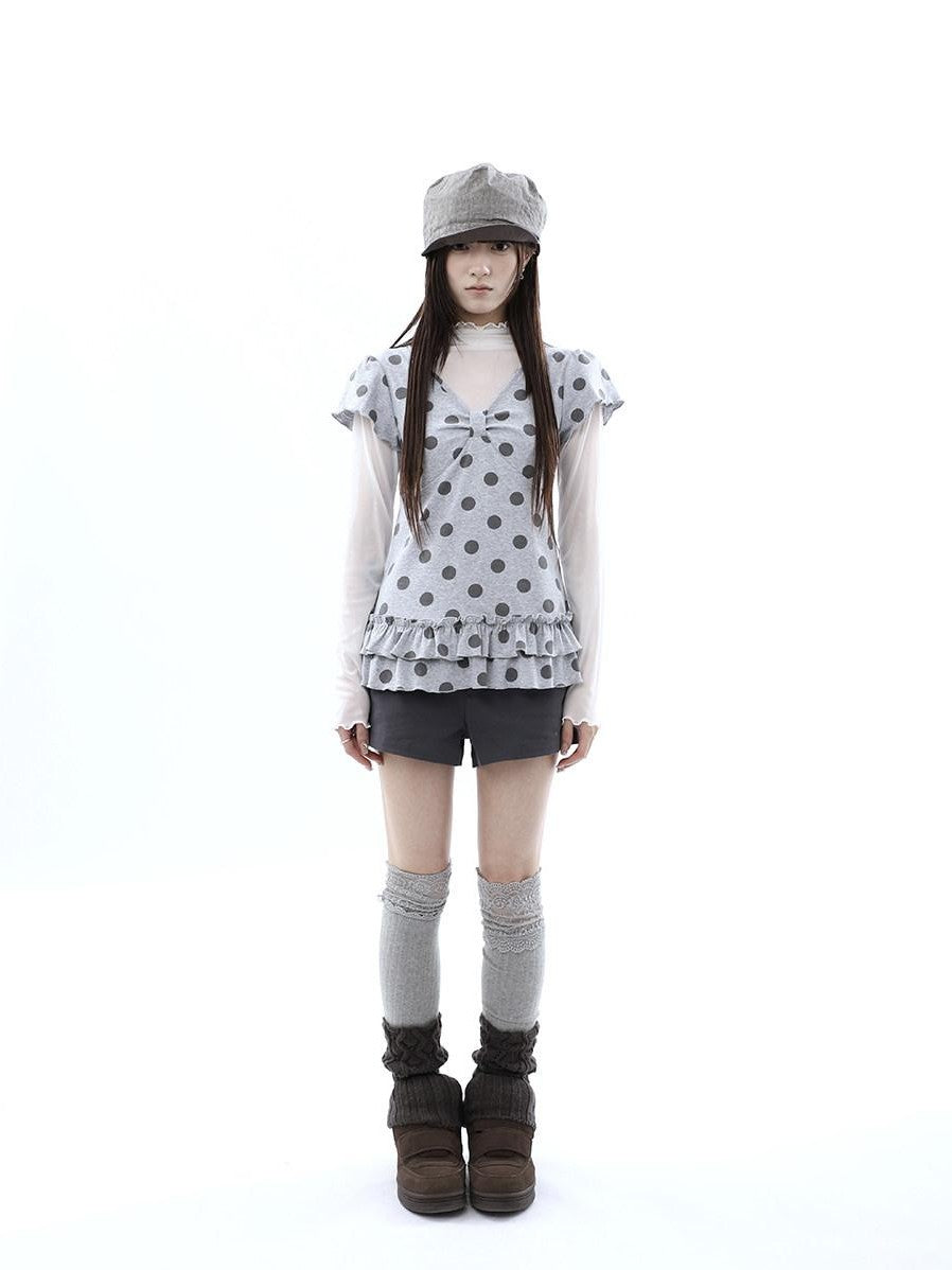 ang project Polka Dot Print V-neck Spliced Layered Hem Women&