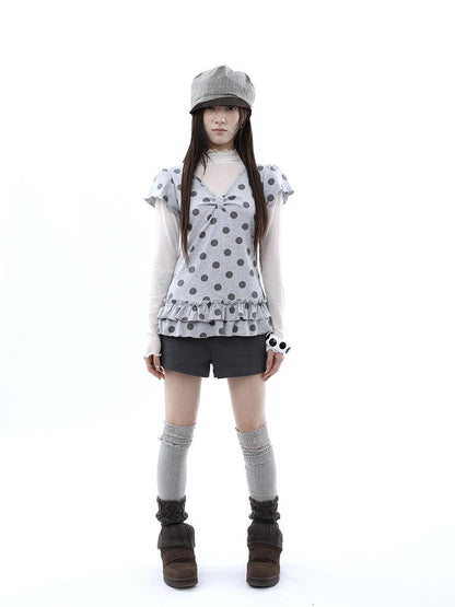 ang project Polka Dot Print V-neck Spliced Layered Hem Women&