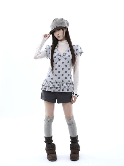 ang project Polka Dot Print V-neck Spliced Layered Hem Women&