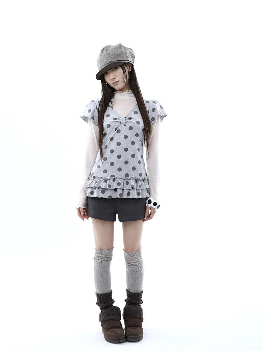 ang project Polka Dot Print V-neck Spliced Layered Hem Women&