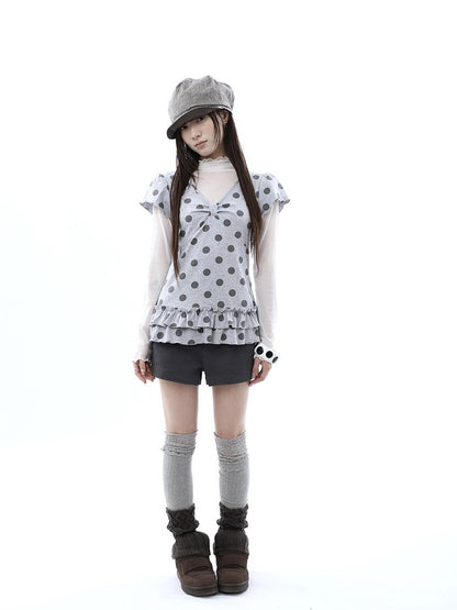 ang project Polka Dot Print V-neck Spliced Layered Hem Women&