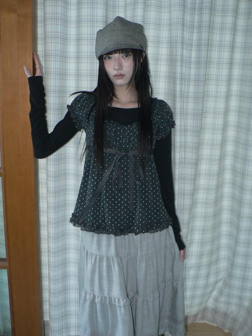 ang project Polka Dot Puff Sleeve Ruffled Paneled Women&