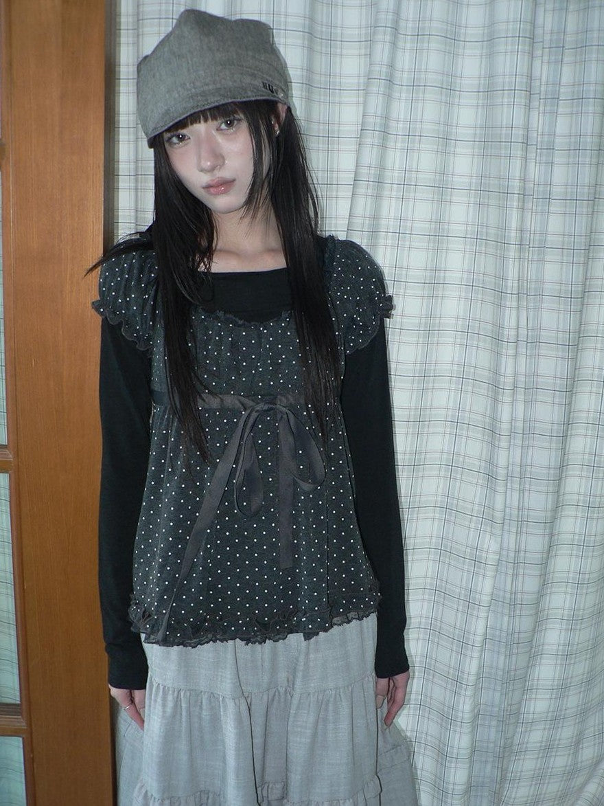 ang project Polka Dot Puff Sleeve Ruffled Paneled Women&