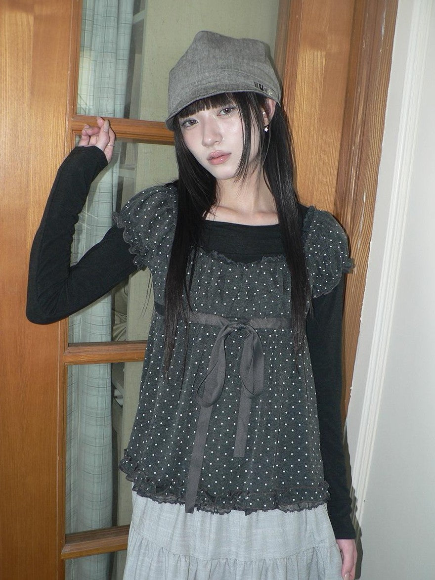 ang project Polka Dot Puff Sleeve Ruffled Paneled Women&