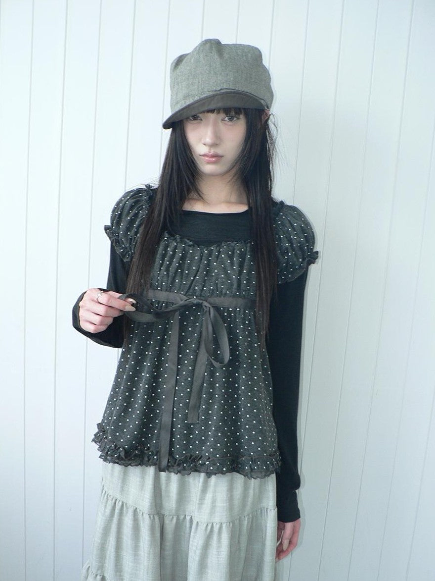 ang project Polka Dot Puff Sleeve Ruffled Paneled Women&