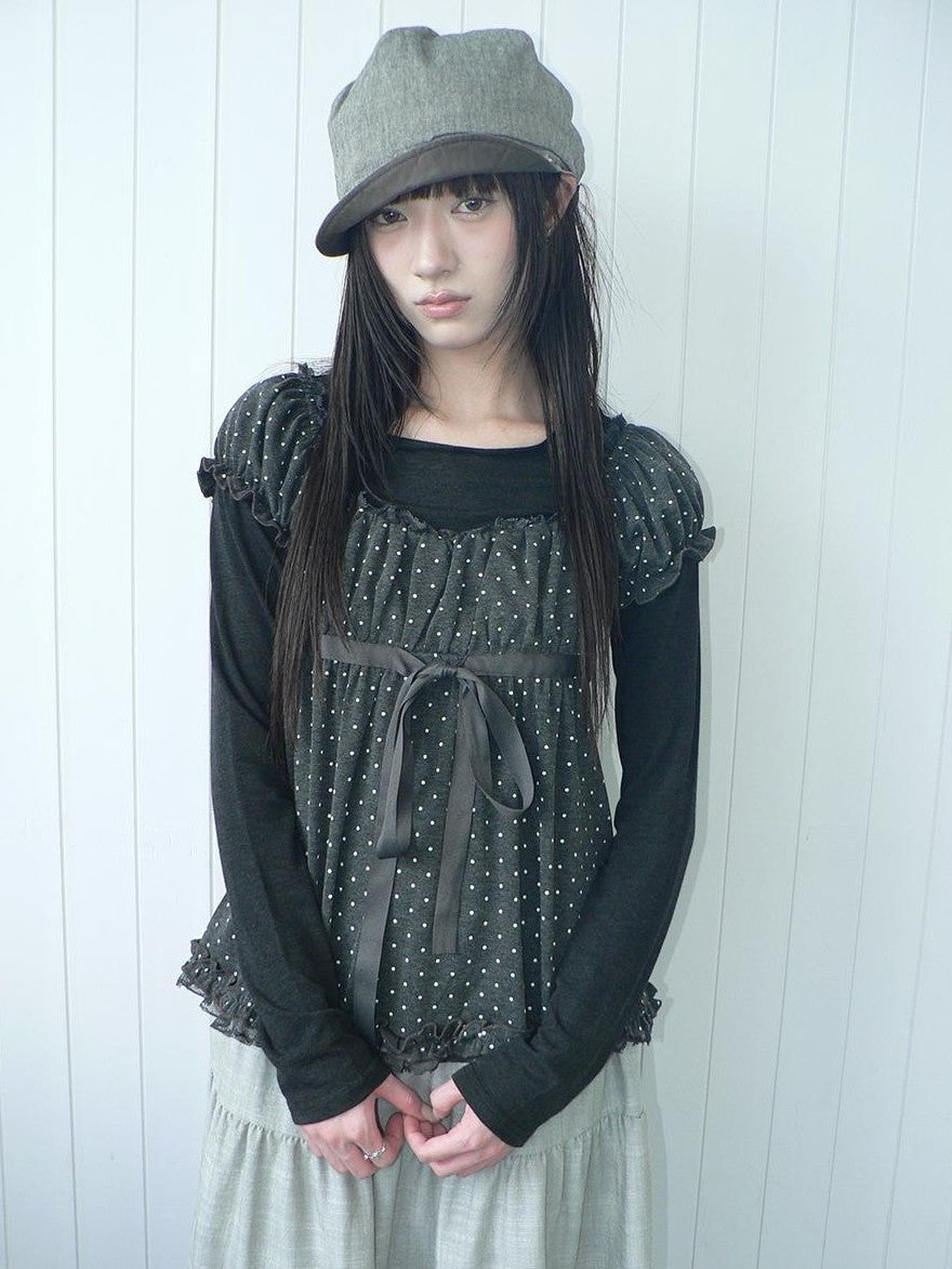 ang project Polka Dot Puff Sleeve Ruffled Paneled Women&