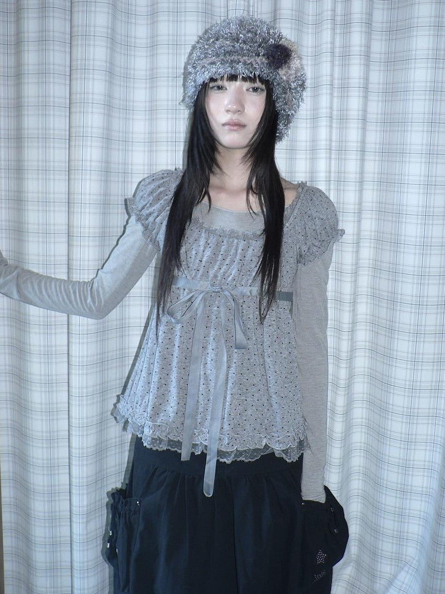 ang project Polka Dot Puff Sleeve Ruffled Paneled Women&