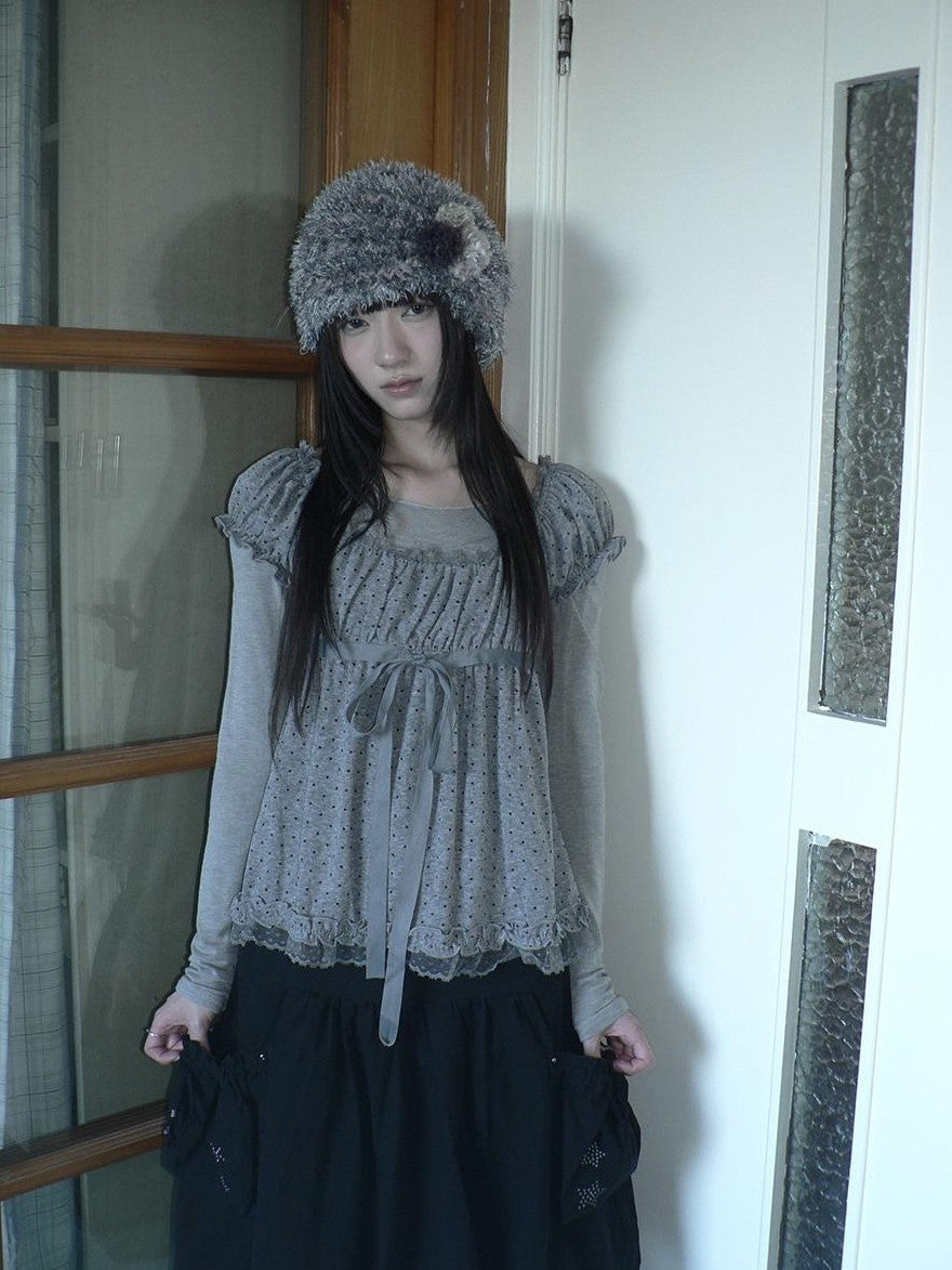 ang project Polka Dot Puff Sleeve Ruffled Paneled Women&
