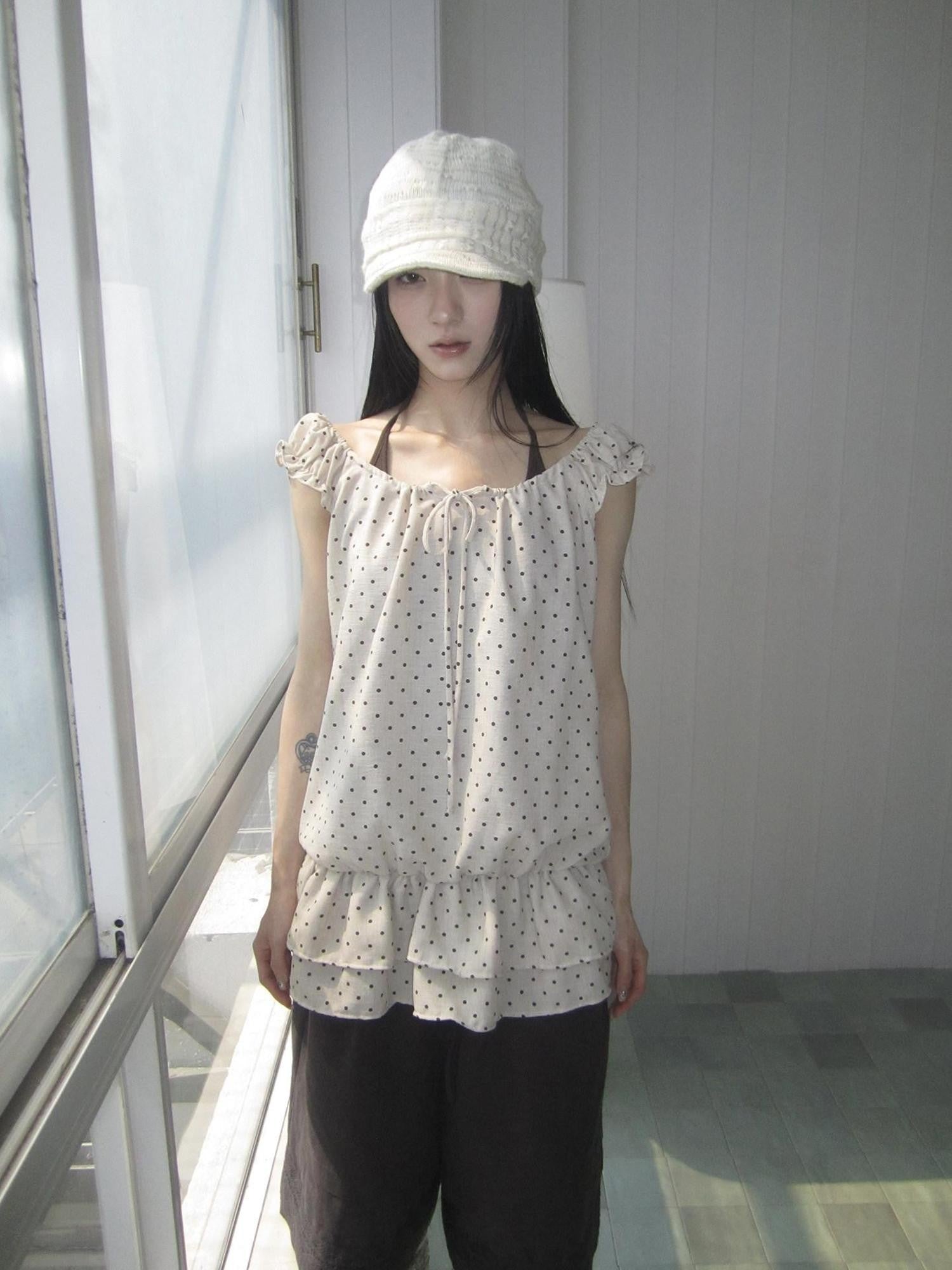 ang project Polka Dot Ruffle Fake Two Piece Halter Tie Waist Women&