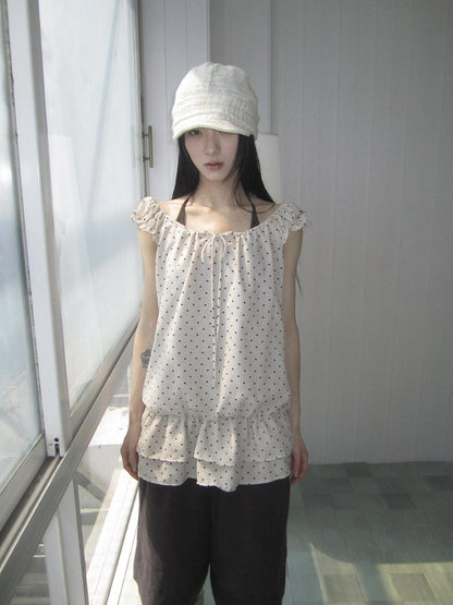 ang project Polka Dot Ruffle Fake Two Piece Halter Tie Waist Women&