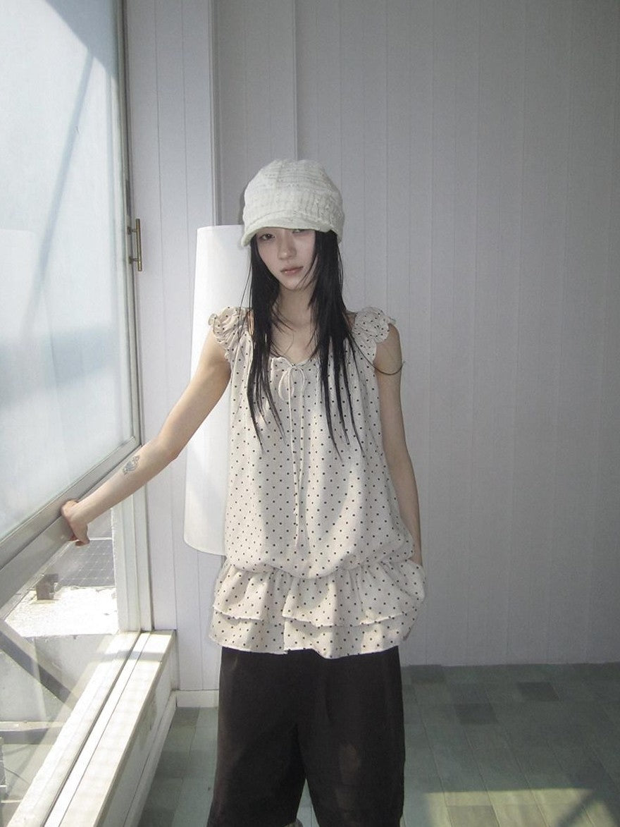 ang project Polka Dot Ruffle Fake Two Piece Halter Tie Waist Women&