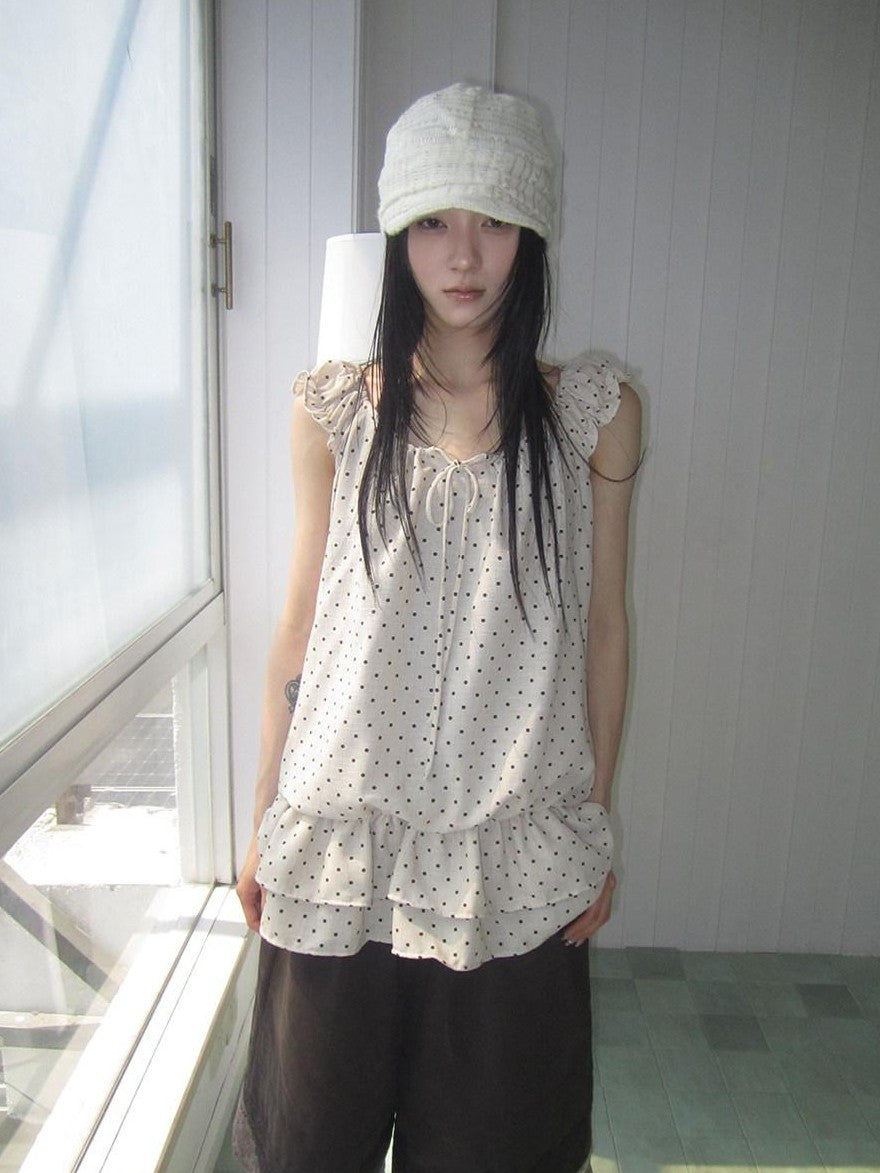ang project Polka Dot Ruffle Fake Two Piece Halter Tie Waist Women&