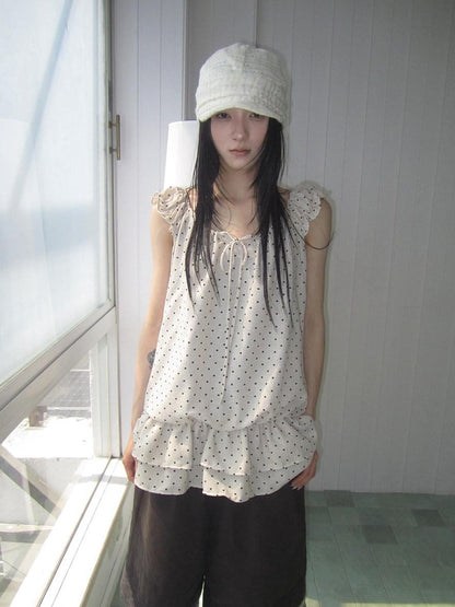 ang project Polka Dot Ruffle Fake Two Piece Halter Tie Waist Women&