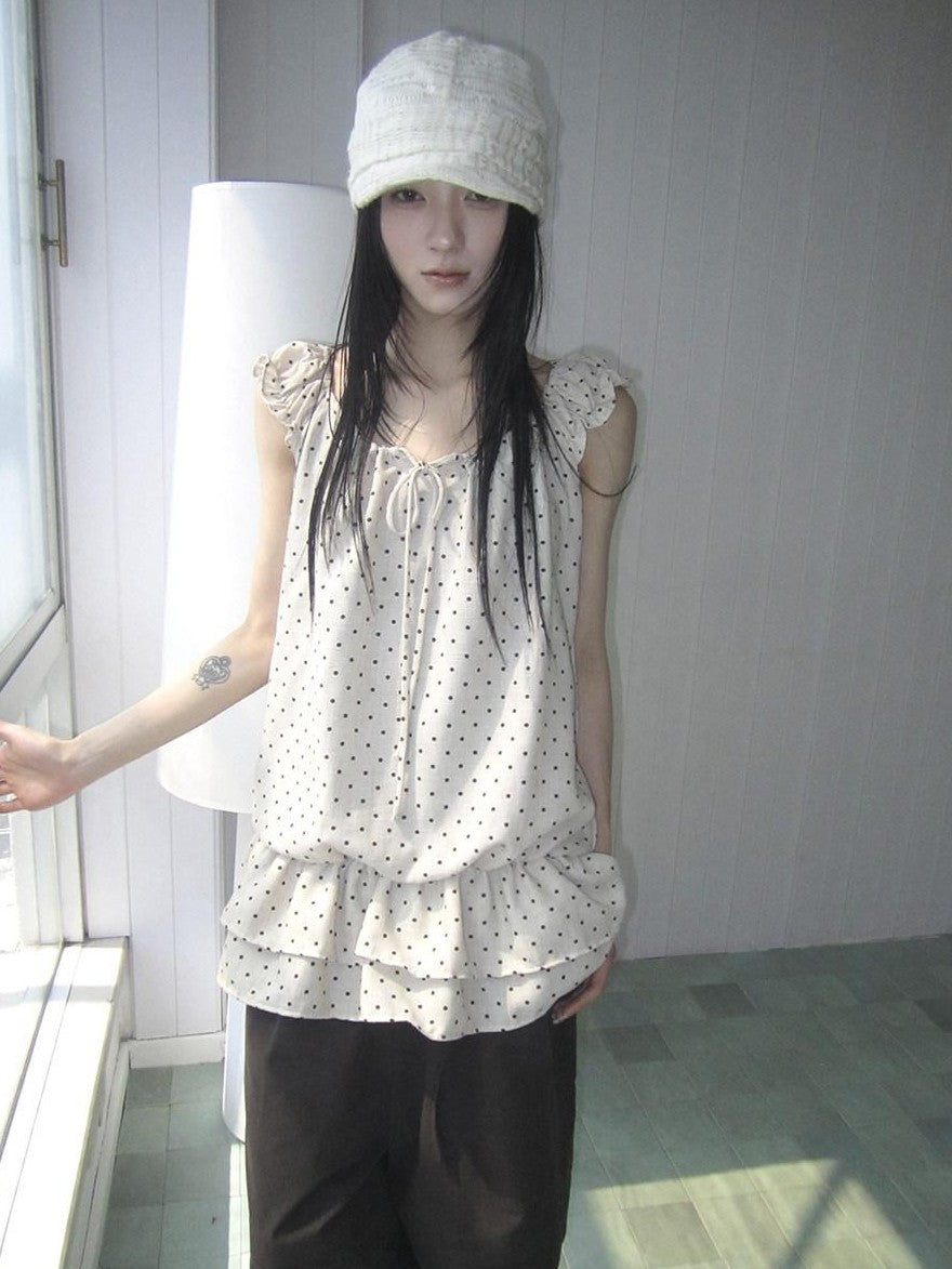 ang project Polka Dot Ruffle Fake Two Piece Halter Tie Waist Women&