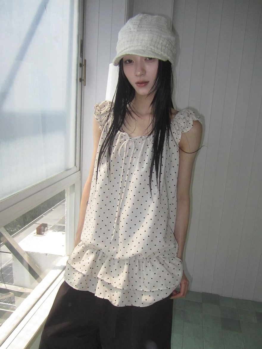ang project Polka Dot Ruffle Fake Two Piece Halter Tie Waist Women&