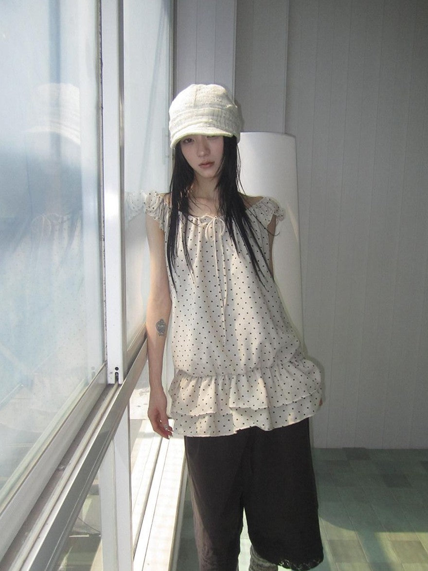 ang project Polka Dot Ruffle Fake Two Piece Halter Tie Waist Women&
