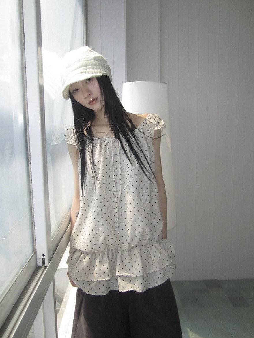 ang project Polka Dot Ruffle Fake Two Piece Halter Tie Waist Women&