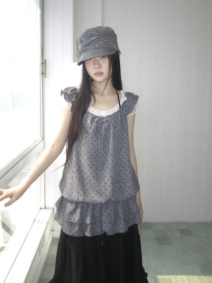 ang project Polka Dot Ruffle Fake Two Piece Halter Tie Waist Women&