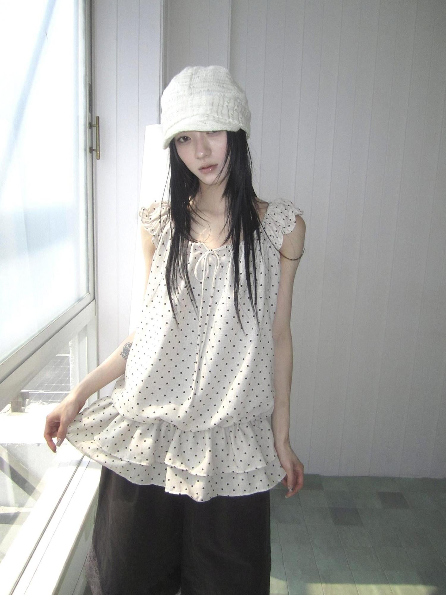 ang project Polka Dot Ruffle Fake Two Piece Halter Tie Waist Women&