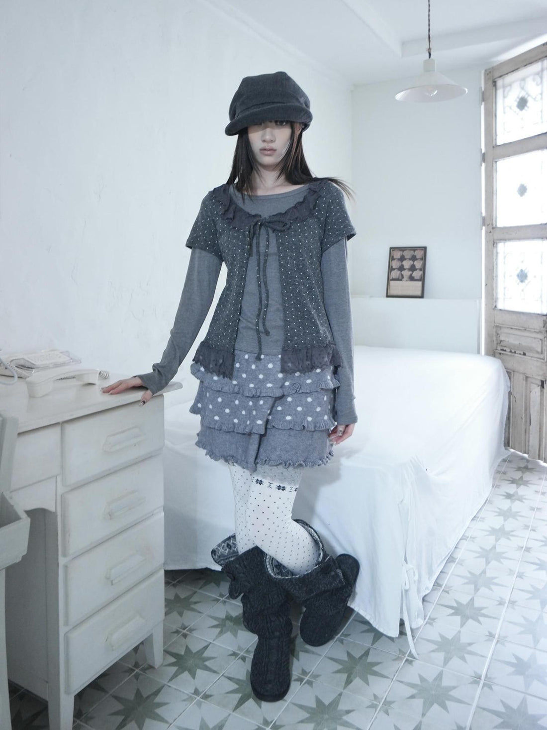 ang project Polka Dot Ruffle Lace Splice Two Piece Women&