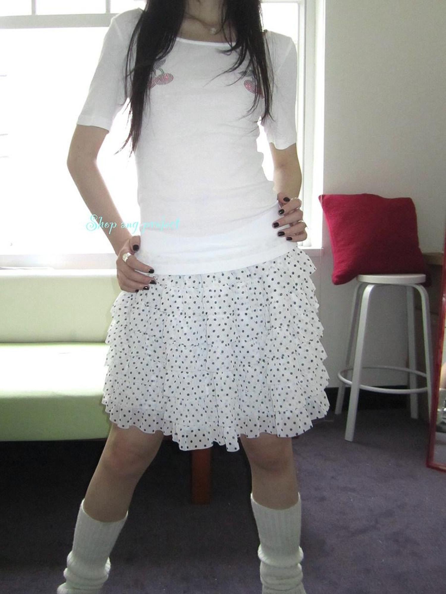 ang project Polka Dot Ruffle Spliced Elastic Waist Cake Women&