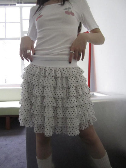 ang project Polka Dot Ruffle Spliced Elastic Waist Cake Women&