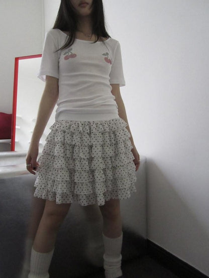 ang project Polka Dot Ruffle Spliced Elastic Waist Cake Women&